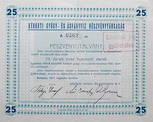 Kékkúti Gyógy- és Ásványvíz Részvénytársaság részvényutalvény 25x1000 korona 1923