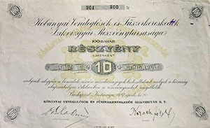 Kőbányai Vendéglősök és Fűszerkereskedők Szikvízgyár Részvénytársasága részvény 100x10 1000 pengő 1927
