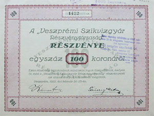 Veszprémi Szikvízgyár Részvénytársaság részvény 100 korona 1922