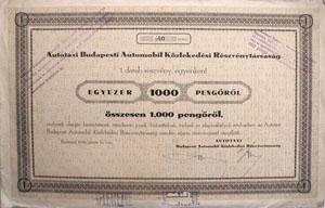 Autotaxi Budapesti Automobil Közlekedési Részvénytársaság részvény 1000 pengő 1938