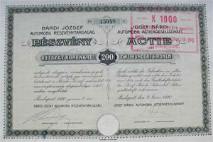 Bárdi József Automobil Részvénytársaság részvény 200 korona 1920