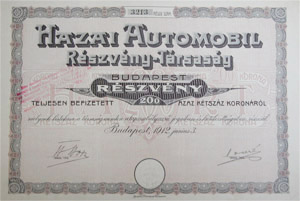 Hazai Automobil Részvénytársaság részvény 200 korona 1912