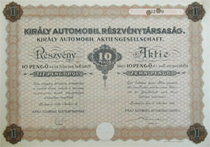 irály Autómobil Részvénytársaság részvény 10 pengő 1926