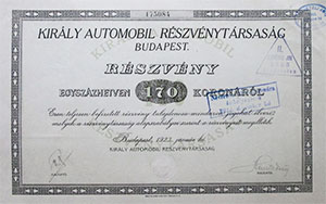 Király Autómobil Részvénytársaság részvény 170 korona 1923