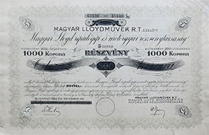 Magyar Lloydművek Részvénytársaság ezelőtt Magyar Lloyd Repülőgép- és motorgyár Részvénytársaság részvény 5x200 1000 korona 1922