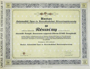 Unitas Automobil-Ipar és Kereskedelmi Részvénytársaság részvény 10x15 150 pengő 1927