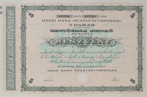 Hazai Bank Részvénytársaság részvény 5 x 40 200 pengő 1926