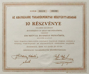 Abádszalóki Takarékpénztár Részvénytársaság 100 pengő 1944