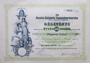 Abaújszántói Takarékpénztár mint Részvénytársaság részvény 50 pengő 1929