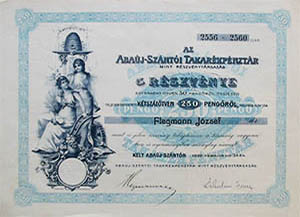 Abaújszántói Takarékpénztár mint Részvénytársaság részvény 5x50 250 pengő 1929