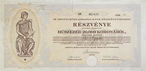 Abonyi Közgazdasági Bank Részvénytársaság részvény 20000 korona 1924