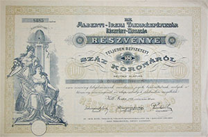Alberti-Irsai Takarékpénztár Részvénytársaság részvény 100 korona 1912 Irsa