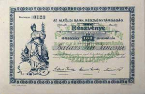Alföldi Bank Részvénytársaság Szabadka részvény 100 korona 1908