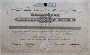 Alhói Takarékpénztár Részvénytársaság részvény 100 korona 1920