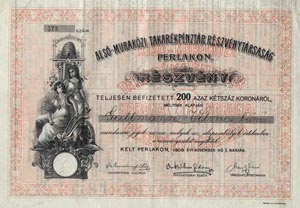 Alsó-Muraközi Takarékpénztár Részvénytársaság Perlakon részvény 200 korona 1909