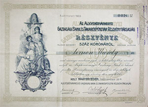 Alsófehérvármegyei Gazdasági Bank és Takarékpénztár  Részvénytársaság 100 korona 1903 Nagyenyed