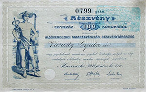 Alsóvereczkei Takarékpénztár Részvénytársaság részvény 100 korona 1911