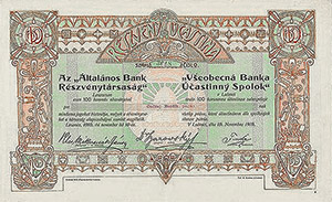 Általános Bank Részvénytársaság Losonczon részvény 100 korona 1910