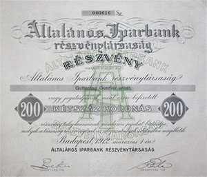 Általános Iparbank Részvénytársaság részvény 200 korona 1912