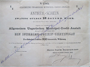 Általános Magyar Municipális Hitelintézet részjegy 20 forint 1872