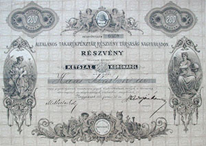 Általános Takarékpénztár Részvénytársaság Nagyváradon részvény 200 korona 1905