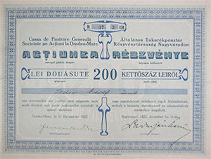 Általános Takarékpénztár Részvénytársaság Nagyváradon részvény 200 lei 1922
