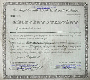Angol-Osztrák Bank Részvénytársaság Budapesti Fióktelepe részvényutalvány 1927
