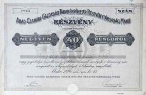 Arad-Csanádi Gazdasági Takarékpénztár Részvénytársaság  Makó részvény 40 pengő 1926