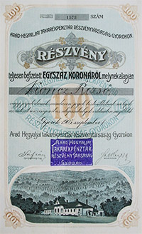 Arad-Hegyaljai Takarékpénztár Részvénytársaság  Gyorokon részvény 100 korona 1905