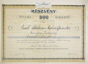 Aradi Általános Takarékpénztár Részvénytársaság részvény 200 korona 1911