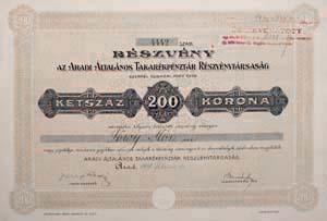 Aradi Általános Takarékpénztár Részvénytársaság 200 korona 1917