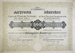 Aradi Általános Takarékpénztár Részvénytársaság részvény 500 lei 1925 Arad