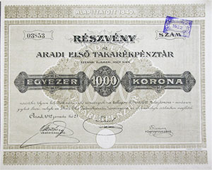 Aradi Első Takarékpénztár Részvénytársaság részvény 1000 korona 1912 Arad