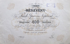 Aradi Ipar- és Népbank Részvénytársaság részvény 400 korona 1917 Arad