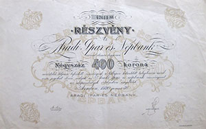 Aradi Ipar- és Népbank Részvénytársaság részvény 400 korona 1920 Arad