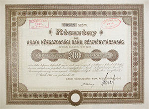 Aradi Közgazdasági Bank Részvénytársaság részvény 200 korona 1911 Arad