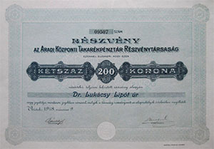 Aradi Központi Takarékpénztár Részvénytársaság részvény 200 korona 1918 Arad