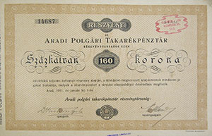 Aradi Polgári Takarékpénztár Részvénytársaság részvény 160 korona 1911 Arad