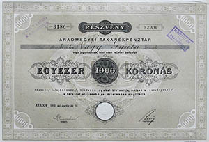 Aradmegyei Takarékpénztár Részvénytársaság részvény 1000 korona 1910 Arad