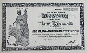 Aszódi Hitelbank és Takarékpénztár Részvénytársaság részvény 20 pengő 1930 Aszód