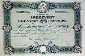 Aszódi Takarékpénztár Részvénytársaság részvény 40 pengő 1928 Aszód