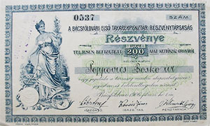 Bácsföldvári Első Takarékpénztár Részvénytársaság részvény 200 korona 1906
