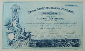 Bajai Kereskedelmi és Iparbank részvény  50 pengő 1927