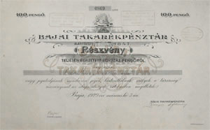 Bajai Takarékpénztár Részvénytársaság részvény 100 pengő 1929