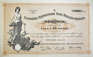 Bajavidéki Közgazdasági Bank Részvénytársaság részvény 10 pengő 1926 Baja