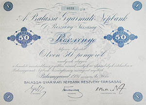 Balassagyarmati Népbank Részvénytársaság részvény 50 pengő 1927
