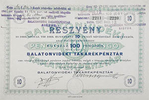 Balatonvidéki Takarékpénztár Részvénytársaság részvény 10x10 100 pengő 1928 Siófok