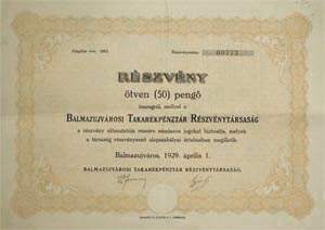 Balmazújvárosi Takarékpénztár Részvénytársaság részvény 50 pengő 1929
