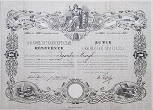 Bánátkomlósi Takarékpénztár részvény 100 forint 1888