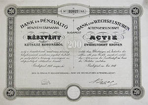 Bank és Pénzváltó Részvénytársaság részvény 200 korona 1918